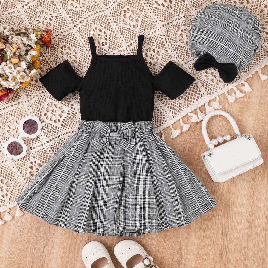 Girl's Black Shirt with Grey Striped Skirt