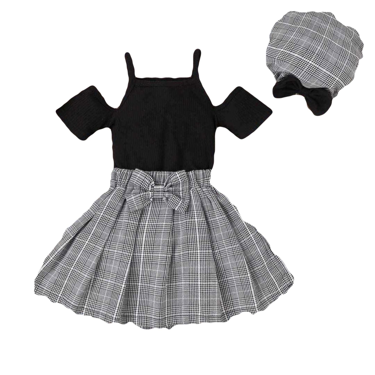 Girl's Black Shirt with Grey Striped Skirt