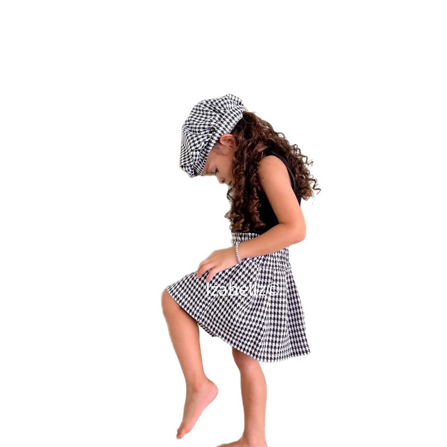 Plaid Pleated Skirt with Hat